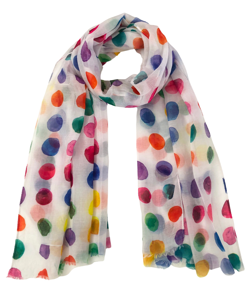 Scarf - Long with Frayed Edges - Multi-Colourful Polka Dots on White