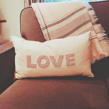 Load image into Gallery viewer, Throw Pillow - Rectangular Neutral Cotton Weave, Feather/Down Filled - Ivory with Pink Beaded Love