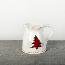 Load image into Gallery viewer, Holiday Kitchen - Pitcher - Ceramic White with Plaid Tree Motif