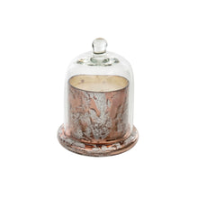 Load image into Gallery viewer, Made from a lovely clear glass with a rounded knob, this cloche allows the beauty of the candle's design to been seen while preserving its scent, and protecting the candle from dust or damage, helping them last longer. Features a beautiful Amber Spruce scent of wintergreen, and eucalyptus leaves. LENGTH: 3.25 WIDTH: 3.25 HEIGHT: 4.50 Shown: Rose Gold Cloche