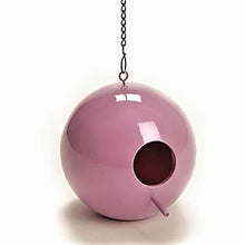 Load image into Gallery viewer, The beautiful pink ceramic ball birdhouse is inspired by the natural form of birds nests.  It's a whymsical, fun and stylish look for any indoor/outdoor decor. It comes as a suspended birdhouse, which you can hang from a branch or wallhook.  Dimensions: 5" x 5"  Material:  Ceramic