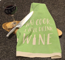 Load image into Gallery viewer, This Flour Sack style, 100% cotton tea towel has a screen-printed design on lime green background, is washable and reusable. Machine wash gentle cycle. Measures: 20" w x 28"