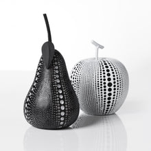 Load image into Gallery viewer, This stunning resin black pear figure features a painted debossed textured dot pattern to highlight its modern form, giving it a twist to traditional pear decorations.  This whimsical decorative accent makes a fun, yet bold statement when perched on a shelf or table in the kitchen or living room. Display it on its own or pair it with its complementary white resin apple for a unique look as shown.  Perfect for Birthdays, Housewarming, Bridal Shower or Teachers gift.  Size:  4.5d x 9h"  Material:  Polyresin