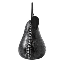 Load image into Gallery viewer, This stunning resin black pear figure features a painted debossed textured dot pattern to highlight its modern form, giving it a twist to traditional pear decorations.  This whimsical decorative accent makes a fun, yet bold statement when perched on a shelf or table in the kitchen or living room. Display it on its own or pair it with its complementary white resin apple for a unique look as shown.  Perfect for Birthdays, Housewarming, Bridal Shower or Teachers gift.  Size:  4.5d x 9h"  Material:  Polyresin