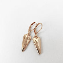 Load image into Gallery viewer, Simple, delicate and adorable.  These small heart earrings can be worn for any occassion.  A definite "must have" accessory.  Details:  Rose gold hammared metallic 1" long Hypoallergenic Nickel/lead free 3 coats anti-tarnish