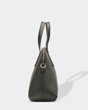 Load image into Gallery viewer, This Black Candice Handbag is a classic style.  Beautiful and easy to carry and sits perfectly when placed down.  A stunning design makes this perfectly sized handbag a must have!  Features:  1 x Phone Pocket 1 Zip Pocket 1 Flat Pocket Internal lining: Black/White Stripe Lining Strap Height: 13cm Extension strap: 110cm Adjustable Detachable Closure: Secure Zip Material: Vegan Leather  Hardware: Light Gold  Dimensions: W28 x H24.5 x D11cm