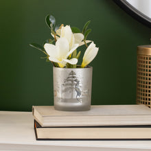 Load image into Gallery viewer, This beautiful Silhouette Glass Votive with its combination of the frosted and mirror glass makes this a standout piece. It brings the timeless elegance of winter, with the iconic silhouette of the noble stag, together for the perfect accent to any home, office, or cottage and makes a great addition to your holiday decorations. Add ambience to your room with a tealight, or place on a shelf or table and fill with a pre-potted plant or florals for a lively display.Size: 3" H x 3"D Handwash