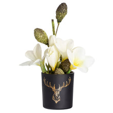 Load image into Gallery viewer, This beautiful Silhouette Glass Votive brings the timeless elegance of black and gold together with the iconic silhouette of the noble staghead. This piece is the perfect accent to any home, office, or cottage and makes a great addition to your holiday decorations. Add ambience to your room with a tealight, or place on a shelf or table and fill with a pre-potted plant or florals for a lively display. Size: 3" H x 3"D Handwash *Includes (1) tealight