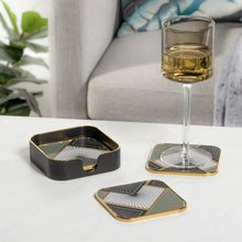 Load image into Gallery viewer, The stunning Art Deco inspired Black, White and Gold pattern of these glass top Savoy coasters make them truely stand out at any social gathering. The plastic trim and glass top makes them easy to care for. Includes the storage box. Size: Each. 4 x 4" (Set of 4) Box. 4.25 x 4.2 5x 1.25h Material: Glass/Plastic Colour: Black/White/Gold