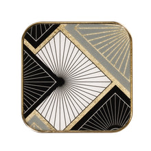Load image into Gallery viewer, The stunning Art Deco inspired Black, White and Gold pattern of these glass top Savoy coasters make them truely stand out at any social gathering. The plastic trim and glass top makes them easy to care for. Includes the storage box. Size: Each. 4 x 4" (Set of 4) Box. 4.25 x 4.2 5x 1.25h Material: Glass/Plastic Colour: Black/White/Gold