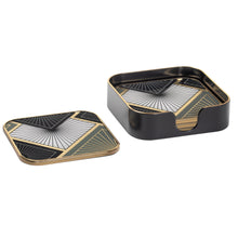Load image into Gallery viewer, The stunning Art Deco inspired Black, White and Gold pattern of these glass top Savoy coasters make them truely stand out at any social gathering. The plastic trim and glass top makes them easy to care for. Includes the storage box. Size: Each. 4 x 4" (Set of 4) Box. 4.25 x 4.2 5x 1.25h Material: Glass/Plastic Colour: Black/White/Gold
