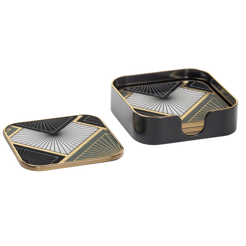 The stunning Art Deco inspired Black, White and Gold pattern of these glass top Savoy coasters make them truely stand out at any social gathering. The plastic trim and glass top makes them easy to care for. Includes the storage box. Size:  Each. 4 x 4