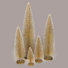 Load image into Gallery viewer, Create a winter wonderland on your mantel, sideboard or dining room table with these charming bottle brush Christmas trees in on-trend hues. Crafted from sisal fiber sprayed with festive glitter and perched on metal stands. Colour: Gold. 5 Sizes Available: Extra Large: 24"H Large: 20"H Medium: 16"H Small: 12"H Extra Small: 8"H