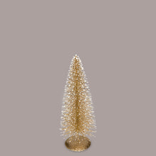 Load image into Gallery viewer, Create a winter wonderland on your mantel, sideboard or dining room table with these charming bottle brush Christmas trees in on-trend hues. Crafted from sisal fiber sprayed with festive glitter and perched on metal stands. Colour: Gold.Small: 12"H