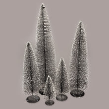 Load image into Gallery viewer, Create a winter wonderland on your mantel, sideboard or dining room table with these charming bottle brush Christmas trees in on-trend hues. Crafted from sisal fiber sprayed with festive glitter and perched on metal stands. Colour:  Dark Grey. 5 Sizes Available:  Extra Large:  24"H Large:  20"H Medium:  16"H Small:  12"H Extra Small:  8"H