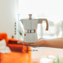 Load image into Gallery viewer, Dimensions of the Milano White Espresso machine are 3.5 in diameter by 6 in high. it is a 3-cup espresso machine