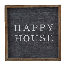 Load image into Gallery viewer, Home is where the heart is...so why not make it HAPPY! This farmhouse style painted wood plaque with printed "Happy House" sentiment is the perfect adornment for any home. Hang it in your foyer, kitchen, familyroom or hallway so everyone can see it. Hangs with sawtooth hardware. Makes a great hostess, mother's day or just because gift too. Size: 10" x 10" Material: PINE WOOD