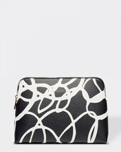 Load image into Gallery viewer, The Bardot Swirl Case is a funky, black and white art print case with a firm structure so it stands tall in your bathroom.  Perfect as a make-up or toiletry case for those weekend getaways.  It's Rose Gold zippr is a beautiful additional detail.  Pair it with the Emma Hanging Toiletry case for an Exclusive Bundle!  Internal Features:  2 Flat Pockets Lining: Polyester Sateen Twill Secure Zip Material: Vegan Leather  Hardware: Rose Gold  Dimensions: H18.5 x W26 x D9 cm