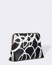 Load image into Gallery viewer, The Bardot Swirl Case is a funky, black and white art print case with a firm structure so it stands tall in your bathroom.  Perfect as a make-up or toiletry case for those weekend getaways.  It's Rose Gold zippr is a beautiful additional detail.  Pair it with the Emma Hanging Toiletry case for an Exclusive Bundle!  Internal Features:  2 Flat Pockets Lining: Polyester Sateen Twill Secure Zip Material: Vegan Leather  Hardware: Rose Gold  Dimensions: H18.5 x W26 x D9 cm