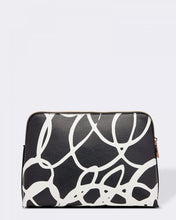Load image into Gallery viewer, The Bardot Swirl Case is a funky, black and white art print case with a firm structure so it stands tall in your bathroom.  Perfect as a make-up or toiletry case for those weekend getaways.  It's Rose Gold zippr is a beautiful additional detail.  Pair it with the Emma Hanging Toiletry case for an Exclusive Bundle!  Internal Features:  2 Flat Pockets Lining: Polyester Sateen Twill Secure Zip Material: Vegan Leather  Hardware: Rose Gold  Dimensions: H18.5 x W26 x D9 cm