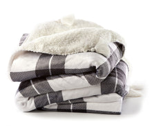 Load image into Gallery viewer, Throw Blanket - White Sherpa with Reversible Ultra Plush Black & White Plaid & Corner Tassels