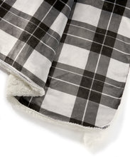 Load image into Gallery viewer, Throw Blanket - White Sherpa with Reversible Ultra Plush Black & White Plaid & Corner Tassels