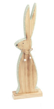 Load image into Gallery viewer, This whymsical wooden bunny makes a fun addition to your Easter decor. The adorable button detail & soft mint painted edge are the perfect complement to any spring mantel, countertop, tabletop or coffee table.  Add it to your Easter gifts for some bunny special.  Size:  2.5 W x 8 H x 1.5 D  Material: Natural Wood