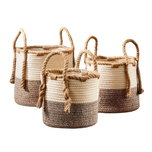 Add these beautiful storage baskets to your living space.  These two-tone cotton rope baskets are designed in natural shades of beige and brown. Jute rope handles at the sides make it easy to move the baskets around any room.   3 sizes to choose from:  Small:  8