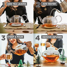 Load image into Gallery viewer, Instructions for a perfect cup of tea:  add tea leaves, add water, steep and pour, remove infuser
