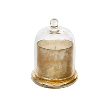 Load image into Gallery viewer, Made from a lovely clear glass with a rounded knob, this cloche allows the beauty of the candle's design to been seen while preserving its scent, and protecting the candle from dust or damage, helping them last longer. Features a beautiful Amber Spruce scent of wintergreen, and eucalyptus leaves. LENGTH: 3.25 WIDTH: 3.25 HEIGHT: 4.50 Shown: Gold Cloche