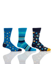 Load image into Gallery viewer, Say Happy Birthday in style with this set of 3 birthday design men's crew socks.  Comes in a coordinating gift box.  So Stylish, he won't want to cover them up!   3 styles included:  Navy Blue Birthday Teal Stripes Blue Polka Dots Features:  Reinforced Heel & Toe Cotton Antimicrobial Fits Men's Shoe Size 7-12