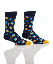 Load image into Gallery viewer, Say Happy Birthday in style with this set of 3 birthday design men's crew socks.  Comes in a coordinating gift box.  So Stylish, he won't want to cover them up!   3 styles included:  Navy Blue Birthday Teal Stripes Blue Polka Dots Features:  Reinforced Heel & Toe Cotton Antimicrobial Fits Men's Shoe Size 7-12.  Showing Navy Blue Birthday