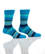 Load image into Gallery viewer, Say Happy Birthday in style with this set of 3 birthday design men's crew socks.  Comes in a coordinating gift box.  So Stylish, he won't want to cover them up!   3 styles included:  Navy Blue Birthday Teal Stripes Blue Polka Dots Features:  Reinforced Heel & Toe Cotton Antimicrobial Fits Men's Shoe Size 7-12.  Showing Teal Stripes
