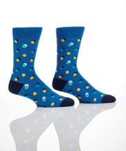 Load image into Gallery viewer, Say Happy Birthday in style with this set of 3 birthday design men's crew socks.  Comes in a coordinating gift box.  So Stylish, he won't want to cover them up!   3 styles included:  Navy Blue Birthday Teal Stripes Blue Polka Dots Features:  Reinforced Heel & Toe Cotton Antimicrobial Fits Men's Shoe Size 7-12.  Showing Blue Polka Dots