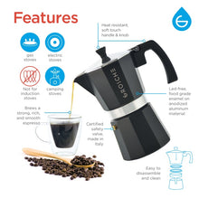 Load image into Gallery viewer, The Milano Black espresso 3-cup machine has many great features. Heat resistant, soft touch handle and know, lead free, brews strong coffee, safety valve, easy to assemble