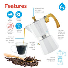 Load image into Gallery viewer, The Milano White espresso 3-cup machine has many great features. Heat resistant, soft touch handle and know, lead free, brews strong coffee, safety valve, easy to assemble
