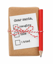 Load image into Gallery viewer, These Fraser Fir scented bars of Christmas Soaps come in a set of 2, with kraft packaging adorning unique holiday embellishments on top, and beautiful seasonal patterned fabric packaging on the bottom. Great for any bathroom decor. Pair it with our Christmas ceramic trinket trays for a great hostess or seasonal gift. Size: Each Bar - 3.5" x 2" Material: Wax. Shown: Santa List