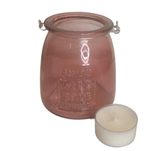 Load image into Gallery viewer, This Pink Glass Jar Tealight Candle Holder is a stylish home decor for lovers of pink and glamorous interiors. These will also make an excellent outdoor decor. It makes an excellent accessory and gift idea for Valentine's Day, or any occasion, with it's "Enjoy Life, Love, Living" inscription. Perfect for holding a little tealight or use for storing makeup, office or art supplies like brushes and markers. Use freestanding or hang anywhere from the metal handle. Size: 3.5" H x 3.5"D *Includes (1) tealight