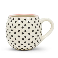 Load image into Gallery viewer, Brighten your morning coffee or tea with this stylish Polka Dot Ball Mug. Crafted out of stoneware, this hand-painted, capacious ball-shaped mug features a contemporary graphic polka dot pattern, offset by subtle pink trim around its rim. Dishwasher and microwave safe.  Matching dessert plate also available.  Size:  5" L  Material:  Stoneware  Capacity:  16oz  Colour:  Ivory/Black