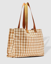 Load image into Gallery viewer, The Simpson Beach Bag is a summer essential for daytime trips or holiday adventures. Finished with a stylish coated jute exterior. This summer beach tote is a must have to venture off to the cottage, boat cruise, picnic or weekend getaway in style this summer! Features: 1 Zip Hanging Wallet Pocket Internal Lining: Coated Jute Strap: Short Strap Height 16cm Strap: Long Strap Height 31cm Material: Coated Jute Hardware: Gunmetal Dimensions: W51 x H33 x D15 cm