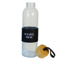 Load image into Gallery viewer, These unique, stylish and eco-friendly glass water bottles are BPA, BPS, PVC, Lead and Cadmium free. Each bottle comes complete with a bamboo lid and wrist strap, as well as a non-slip grip silicon sleeve, adorned with "MAY BE WATER...MAYBE NOT", to give people something to talk about! Holds 500ml/18 fl.oz.