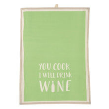 Load image into Gallery viewer, This Flour Sack style, 100% cotton tea towel has a screen-printed design on lime green background, is washable and reusable. Machine wash gentle cycle.   Measures: 20" w x 28"