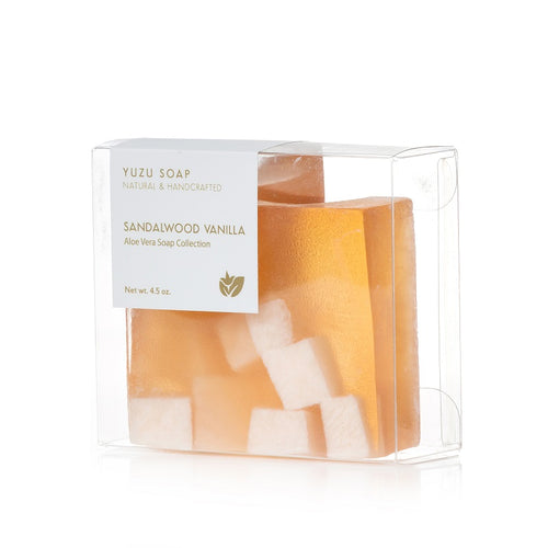 This beautiful glycerin soap is formulated with plant-based oils and aloe vera for extra moisturizing properties. This handmade soap bar is made in small batches and each bar can slightly vary in size, color and design. Gentle enough for use on sensitive skin.  Sandalwood Vanilla: An invigorating blend of a warm, rich, and comforting scent accompanied by sweet vanilla.