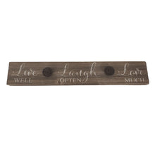 Load image into Gallery viewer, This farmhouse style painted wood plaque with printed "Live Well Laugh Often Love Much" sentiment is the perfect adornment for any home, and has added iron knobs perfect for hanging hats, dog leashes and handbags.  Hang it in your foyer, kitchen, familyroom or hallway so everyone can see it and use it.  Makes a great hostess, mother's day or just because gift too.  Size: 16" x 2.5" x .75"  Material: Pine wood/Iron