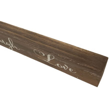 Load image into Gallery viewer, This farmhouse style painted wood plaque with printed "Live Laugh Love" sentiment is the perfect adornment for any home.  Hang it or set it on any surface in your foyer, kitchen, familyroom or hallway so everyone can see it.    Makes a great hostess, mother's day or just because gift too.  Size: 11" x 2" x 0.5"  Material: Pine wood