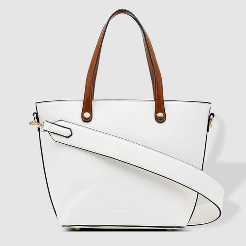 the Olivia is a great everyday bag.  Grab and go with its top handles or wear comfortably over your shoulder with the detachable shoulder strap.  Features:  1 x Zip Pocket 2 Slip Pockets Internal lining - Black/White Stripe Extension strap: 82cm Adjustable Detachable Closure: Secure Zip Material: Vegan Leather  Hardware: Light Gold  Dimensions: W25 x H24 x D15 cm