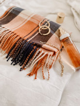 Load image into Gallery viewer, Scarf - Trans-Seasonal with Tasselled Edges - Glasgow Tartan Plaid - Navy/Orange/Tan