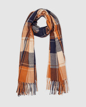 Load image into Gallery viewer, Scarf - Trans-Seasonal with Tasselled Edges - Glasgow Tartan Plaid - Navy/Orange/Tan