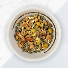 Load image into Gallery viewer, INGREDIENTS: lemongrass, apple bits, vervain, green rooibos, chamomile, lavender, orange pieces, natural flavouring, vanilla bits.
