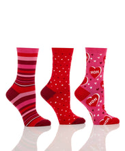 Load image into Gallery viewer, Show her how special she is with this great set of women's crew socks with bright, bold and fun designs.  Comes in a coordinating gift box.  So cute and stylish, she'll want to wear them all the time!  Each giftbox set includes:  (1) Red/Pink Mom Hearts (1) Red/Pink Stripes (1) Red/Pink Dots Features:  Reinforced Heel & Toe Cotton Antimicrobial Fits Women's Shoe Size 6-10